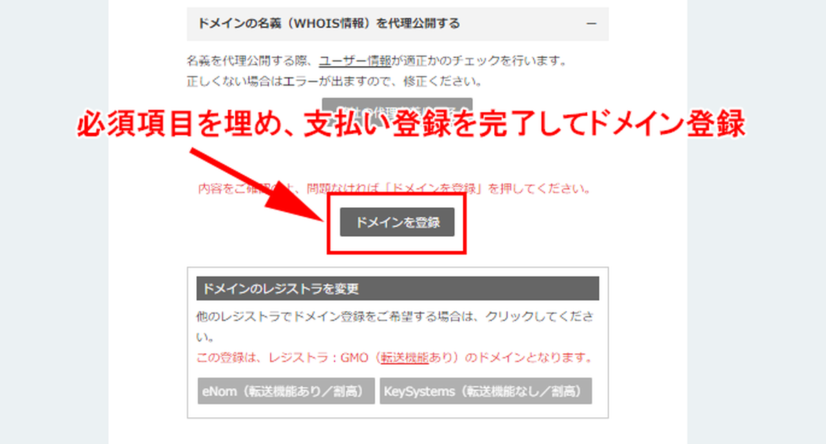 必須項目を埋め、支払い登録を完了してドメイン登録